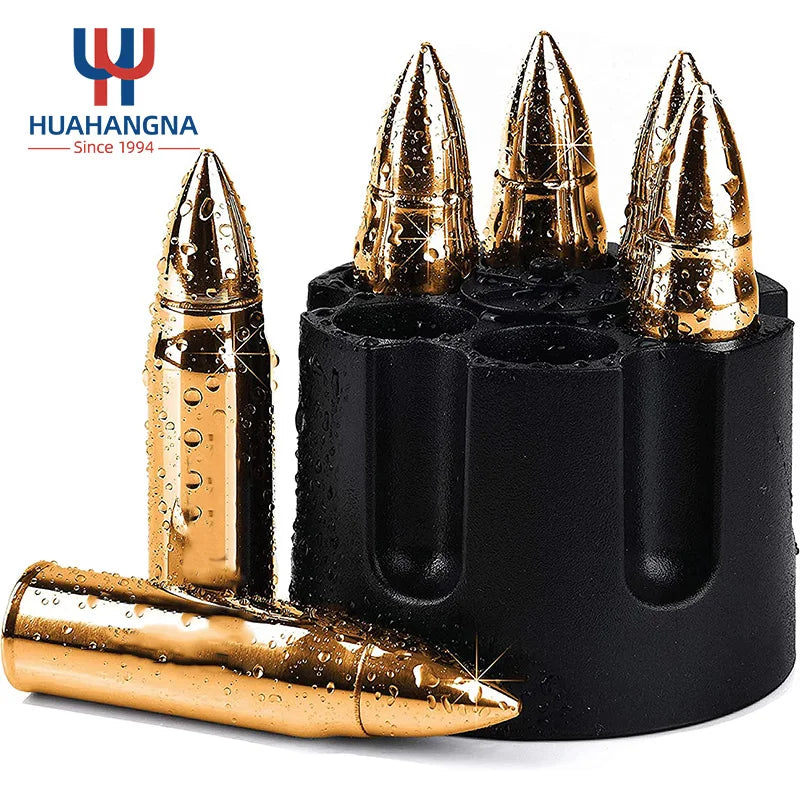 Reusable Custom Logo 6Pcs Eco-Friendly Bullet Shape Gold 304 Stainless Steel Whiskey Stone Set Bar Accessories for Gift