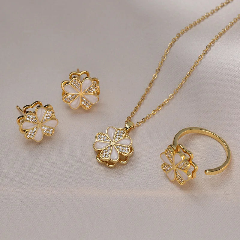2023 Hot Anti Anxiety Fashion Jewelry Set Rotatable Flower Necklace Crystal Earrings Spinner Ring Four Leaf Clover Jewelry Set