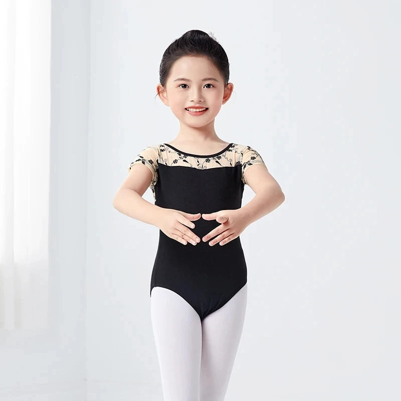 Girls Ballet Leotards Kids Children Soft Embroidery Mesh Splicing Dance Leotards