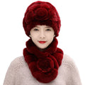 MWFur Winter Thick Warm Rosette Rex Rabbit Fur Hat and Scarf for Women