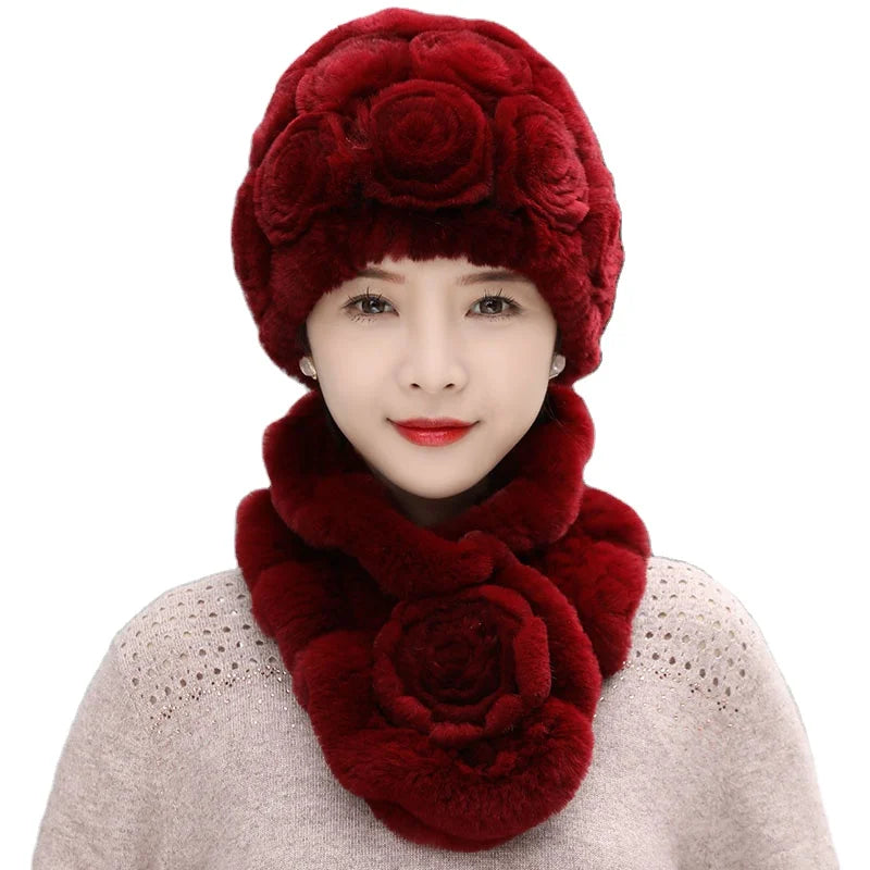 MWFur Winter Thick Warm Rosette Rex Rabbit Fur Hat and Scarf for Women