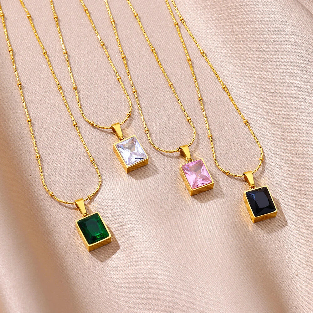 Hot Sale Versatile Collarbone Chain Jewelry Stainless Steel Necklace Multi-color Square Diamond Pendant Necklace Gifts for Women