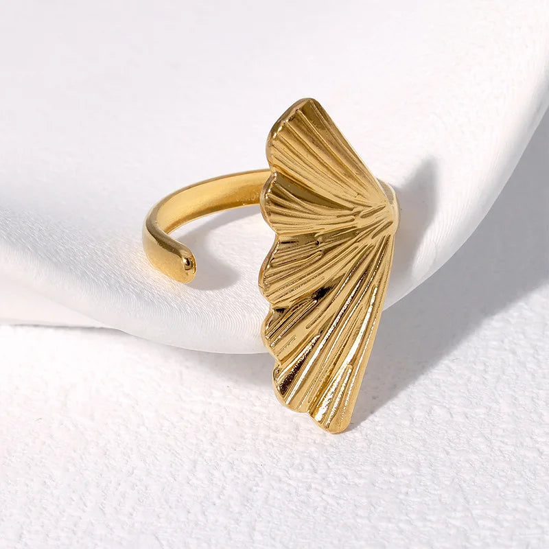 Beimai Rings Jewelry Women 18K Gold Ginkgo Leaf Stainless Steel Adjustable Ring