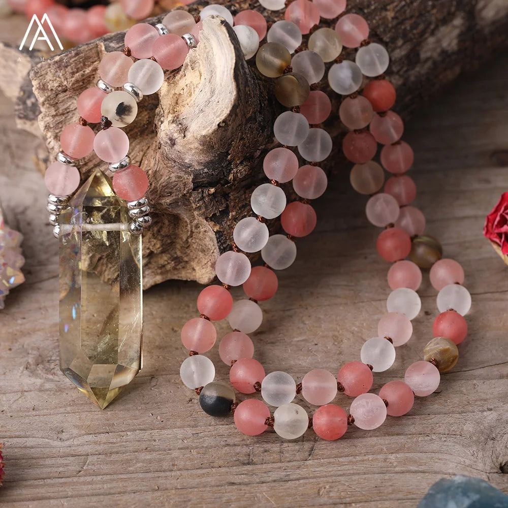 Citrine Mala Necklace for Yoga Jewelry  Matted Watermelon Quartz Prayer Beads Healing Necklaces