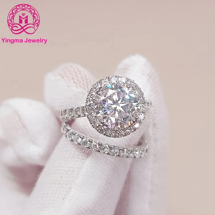 Fine Jewelry 14K Solid White Gold Round Brillanit Cut VVS1 3ct Half Eternity Band Wedding Bridal Engagement Moissanite Ring Sets