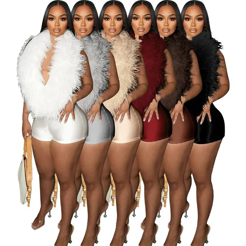 Summer Women Fluffy Sleeveless Deep V Neck Sexy Fashion One Piece Romper Outfit Club Party Wear Women Casual Jumpsuit