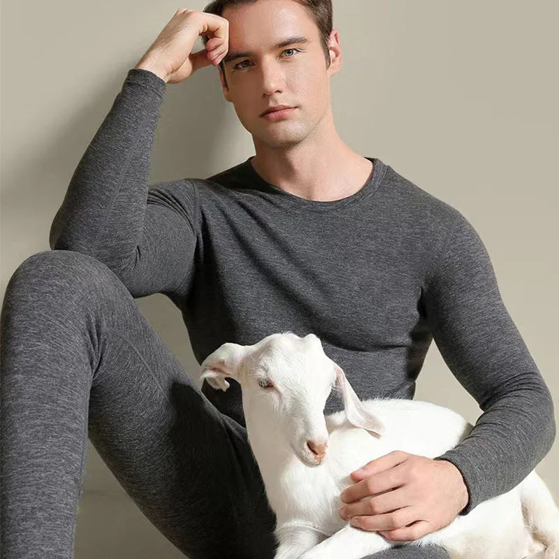 Men's Winter Breathable Eco-Friendly Wool Silk Velvet Thermal Underwear Set Solid Color Low Neck