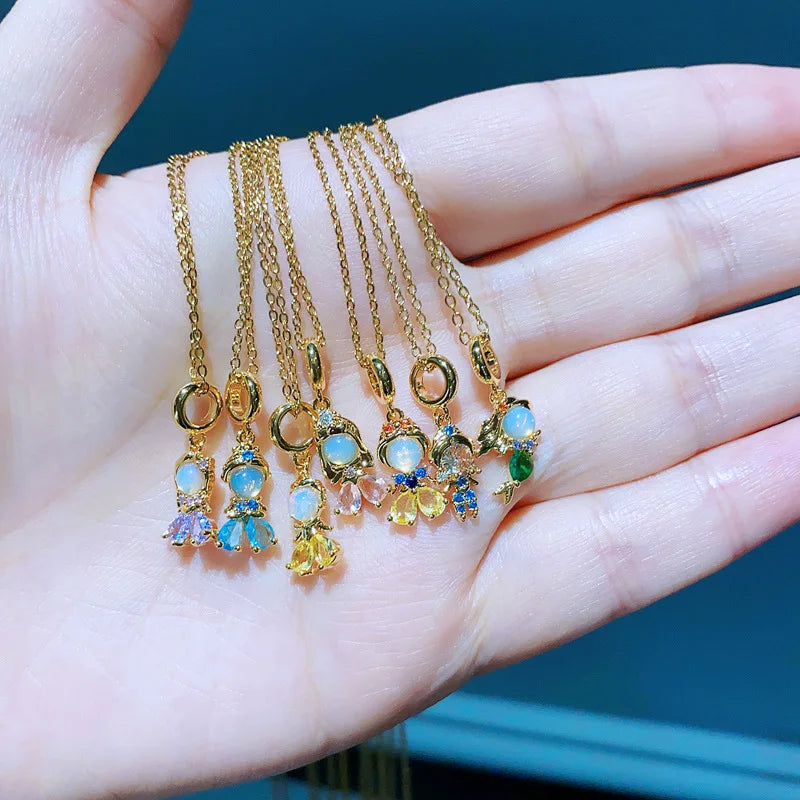 Brass Beautiful Sparking Princess Zircon Pendant Necklace Cute Girls Mermaid Charm with Stainless Steel Chain Necklace