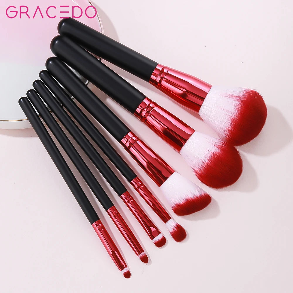 GRACEDO 7PCS Red Black Custom Logo Private Label Professional Luxury High Quality Wood Handle Makeup Brush Set Face Concealer