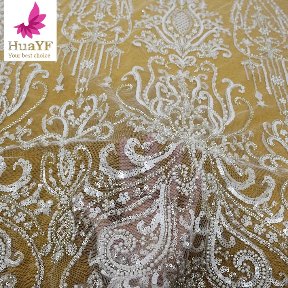 Luxury Bridal Wedding Tulle Sequins Beaded Lace With  Pearls Fabrics for European Style Dress  HY2297
