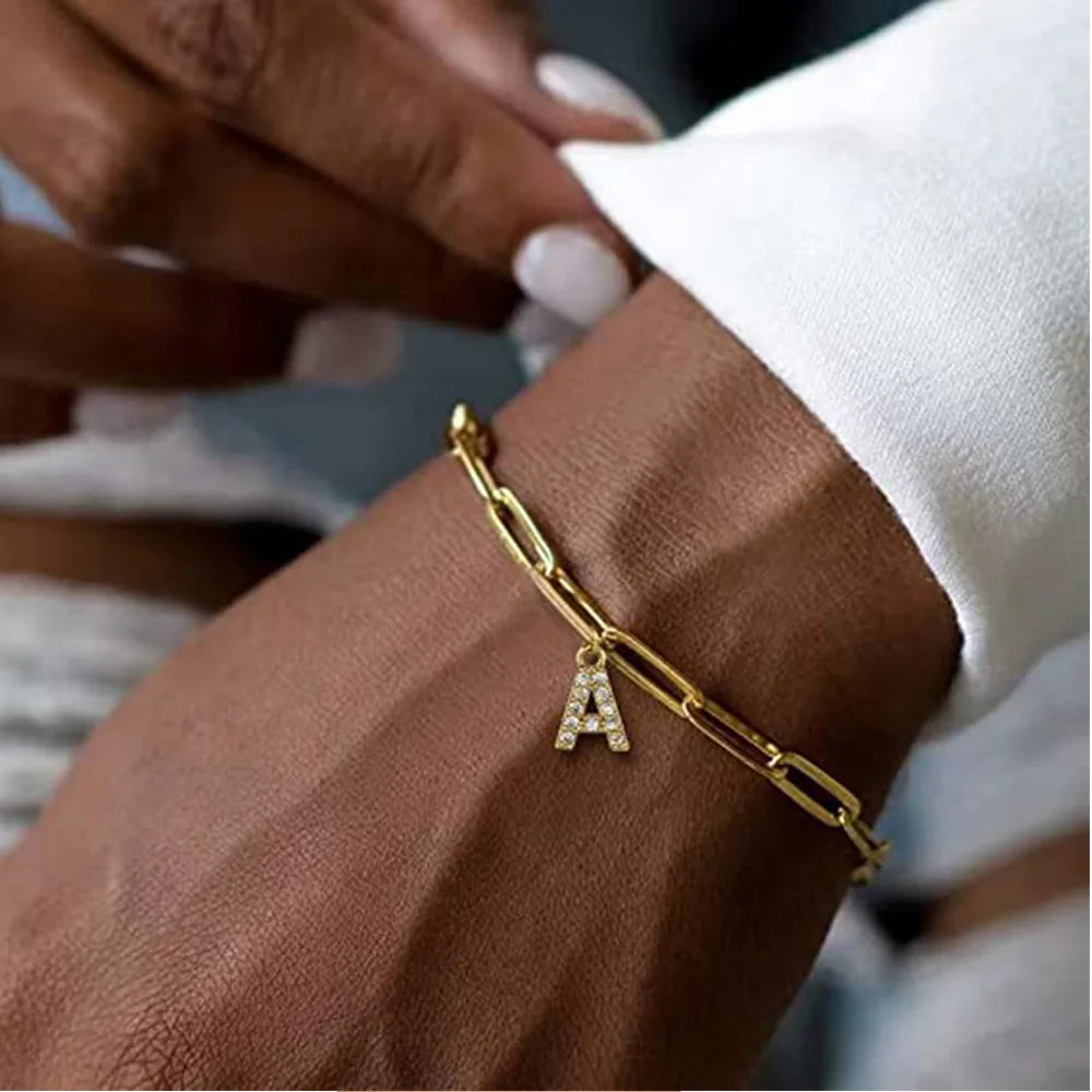 Fashion Gold Plated Rhinestone Crystal 26 Captial Letters Bracelet Stainless Steel Paper Clip Chain A-Z Initial Charm Bracelet