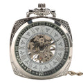 Unique Old Style Square Shape Silver Steampunk Skeleton Pocket Watch Mechanical With Chain for Men Birthday Gift