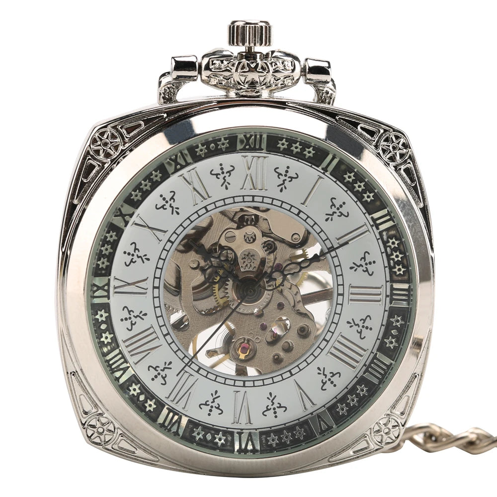 Unique Old Style Square Shape Silver Steampunk Skeleton Pocket Watch Mechanical With Chain for Men Birthday Gift