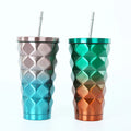 Bulk Wholesale Double Wall Stainless Steel Tumbler with Straw Pineapple Shaped Lozenge 16oz Car Cup Botella De Agua Con Pajita