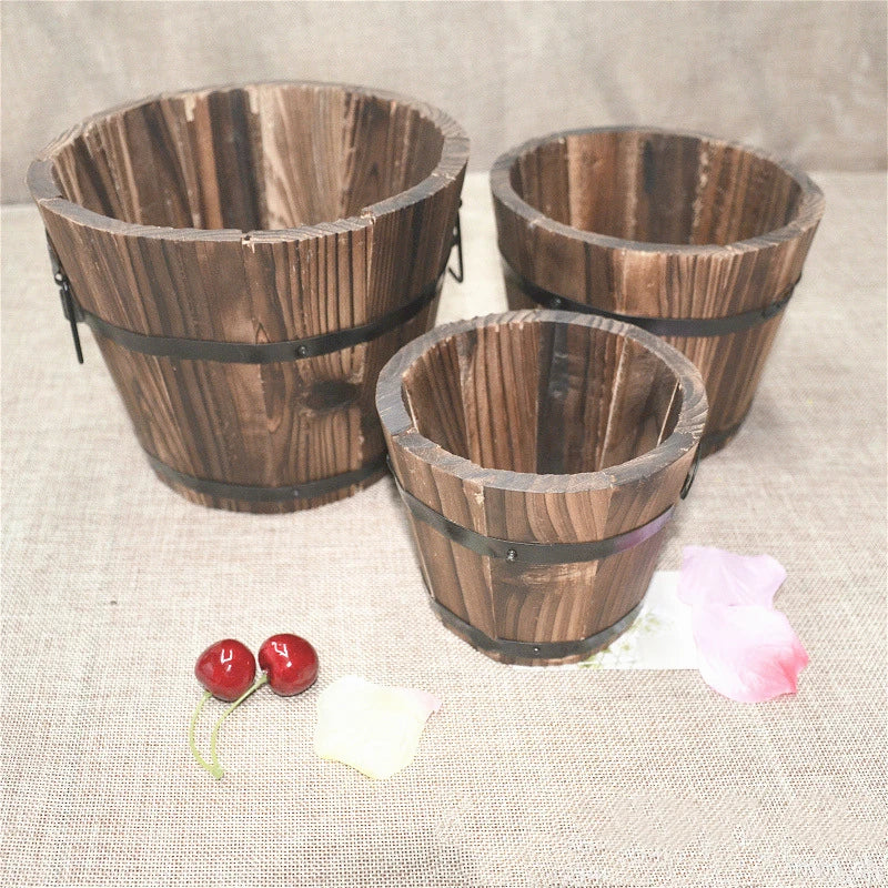 Home Decoration Retro Small Wooden Pot Solid Anticorrosive Carbonized Wood Succulent Flower Bucket