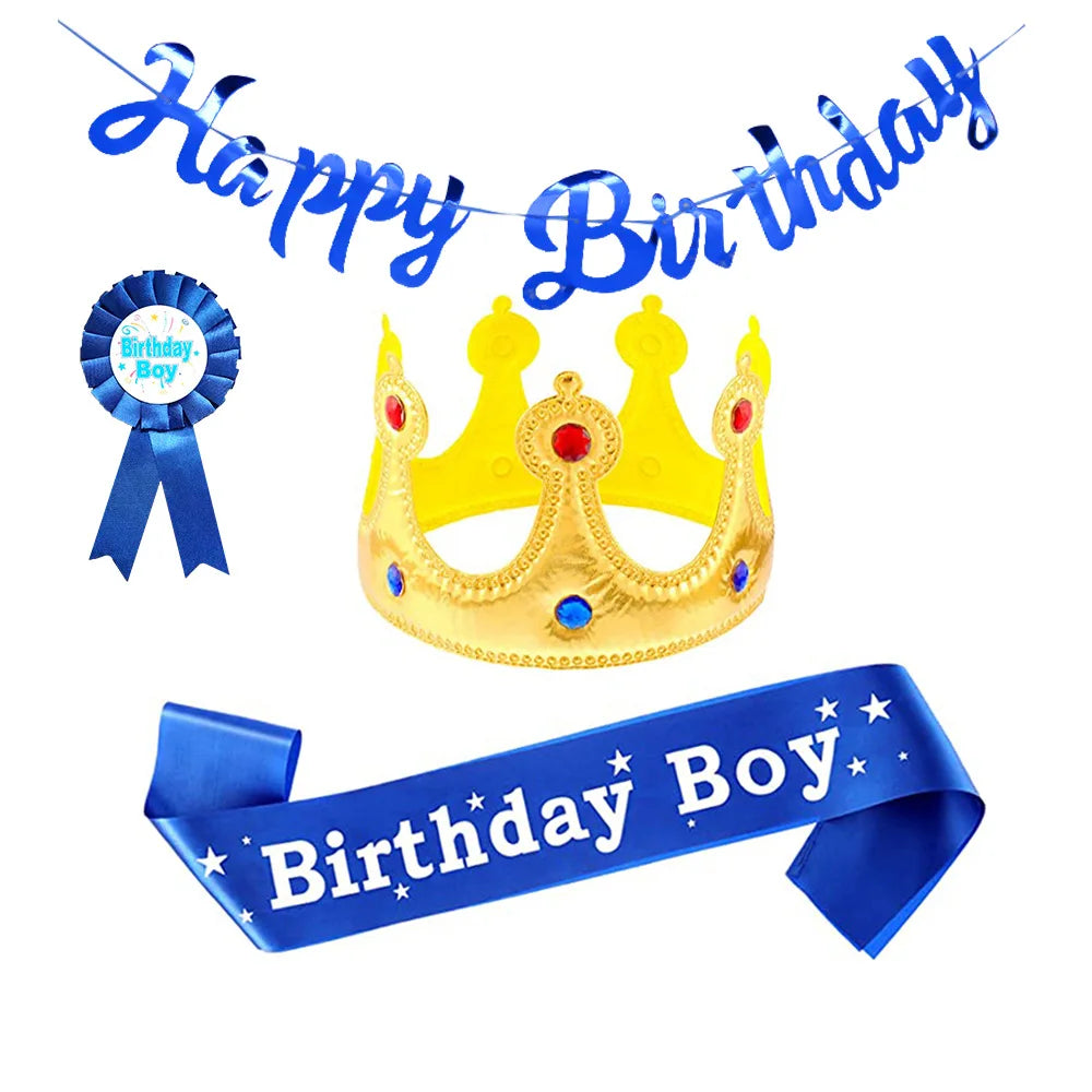 Hot Sale Blue and pink Boy and Girl Happy Birthday Headband Crown Sash Brooch for Kid Birthday Party