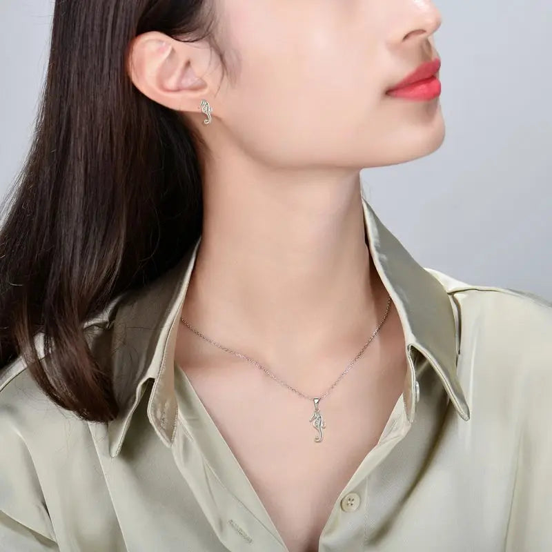 Factory Wholesale 925 Sterling Silver Cz Hippocampus Necklace Sea Horse Marine Earring Jewelry Set