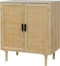 Wood Rustic Panel Design Buffet Kitchen Storage Cabinet Sideboard with Rattan Decorated Doors