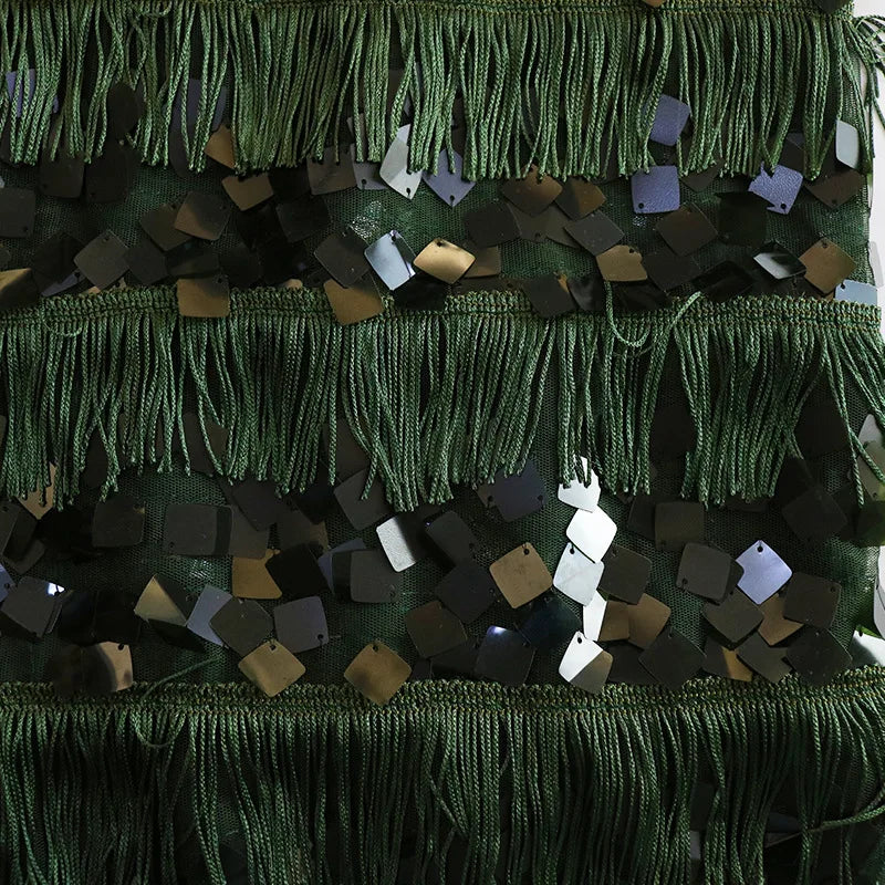 Dark Green Dobby Woven Polyester/Metallic Sequins Tassel Fabric for Women Skirt Dress Swimwear