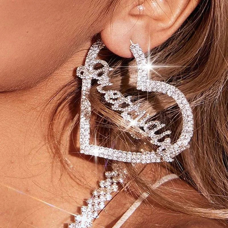 2023 Bling Luxury Two-Row Rhinestone Crystal Large Fashion Stud Earrings Hollow Diamond Heart Letter for Women Girls' Party