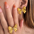 Dazan New HOT 18k Gold Plated Tarnish Free Stainless Steel Classic Hyperbole Chain Zircon Big Bow Earrings Ring Set for Women