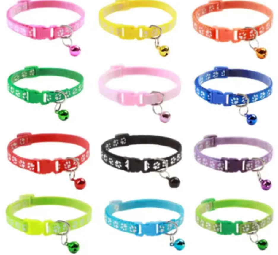 Many Colors Reflective Adjustable Pet Cat Collar Bell Elegant Paw Print Cartoon Designer Nylon Neck Size Collar