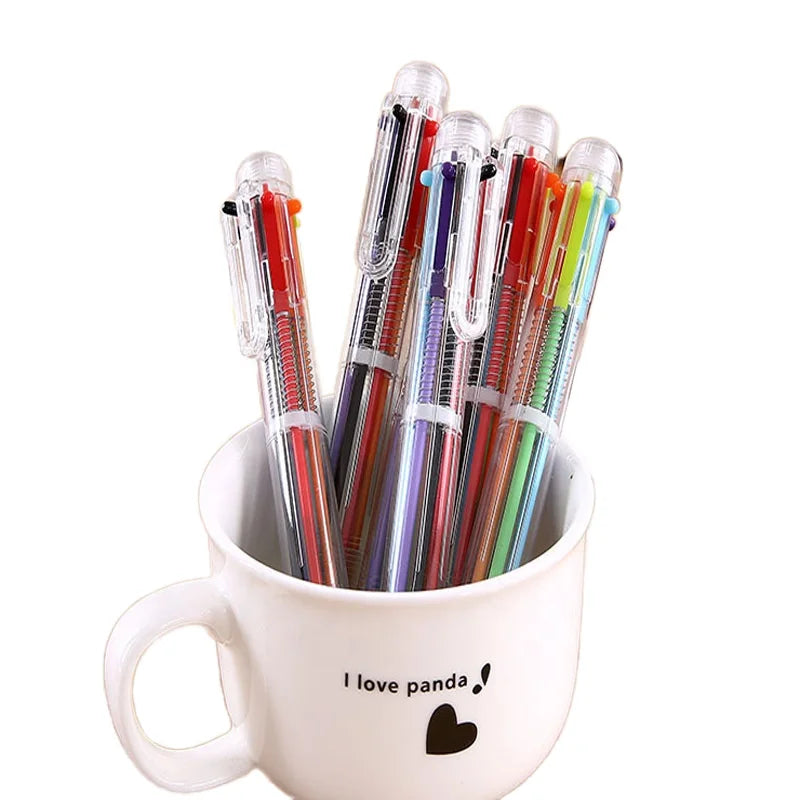 6 Pack 0.5mm 6-in-1 Retractable Ballpoint Pens Multicolor Transparent Barrel Plastic EN71 Certified Bulk Pack Office School