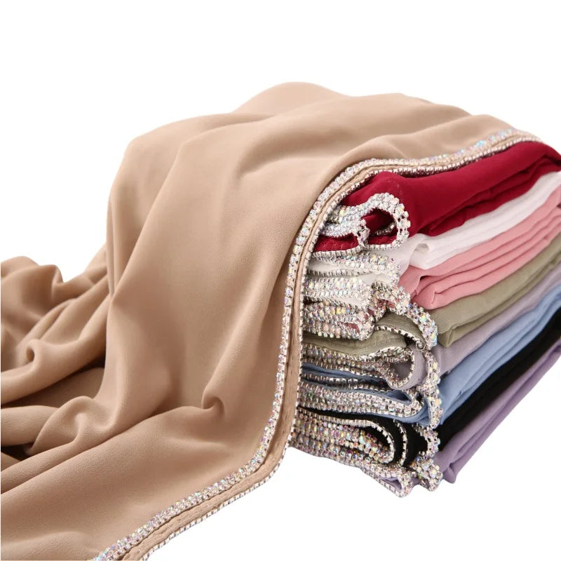 Cross Border New Middle East African Headband Malay Bright Diamond Long Edge Chiffon Scarf Muslim Scarf Headband