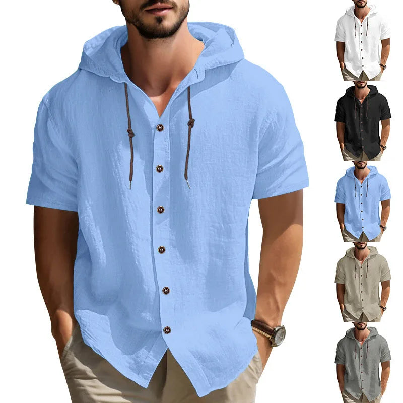 RNSHANGER Summer Men's Short Sleeved Shirts Fashion Solid Color Hooded Beach Size S-3XL Shirt Street Breathable Male Shirts