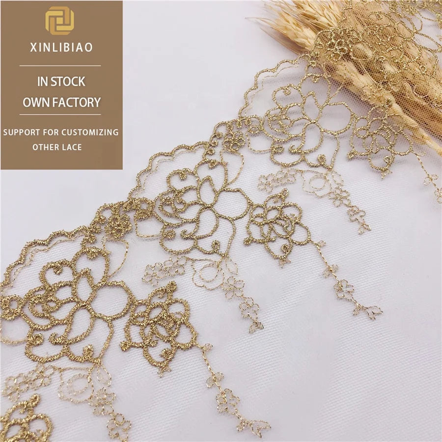 Golden Fancy Bridal Bordere Embroidery Organza Lace Trim Gauze Lace Net Roll Mesh Gold Lace Trim