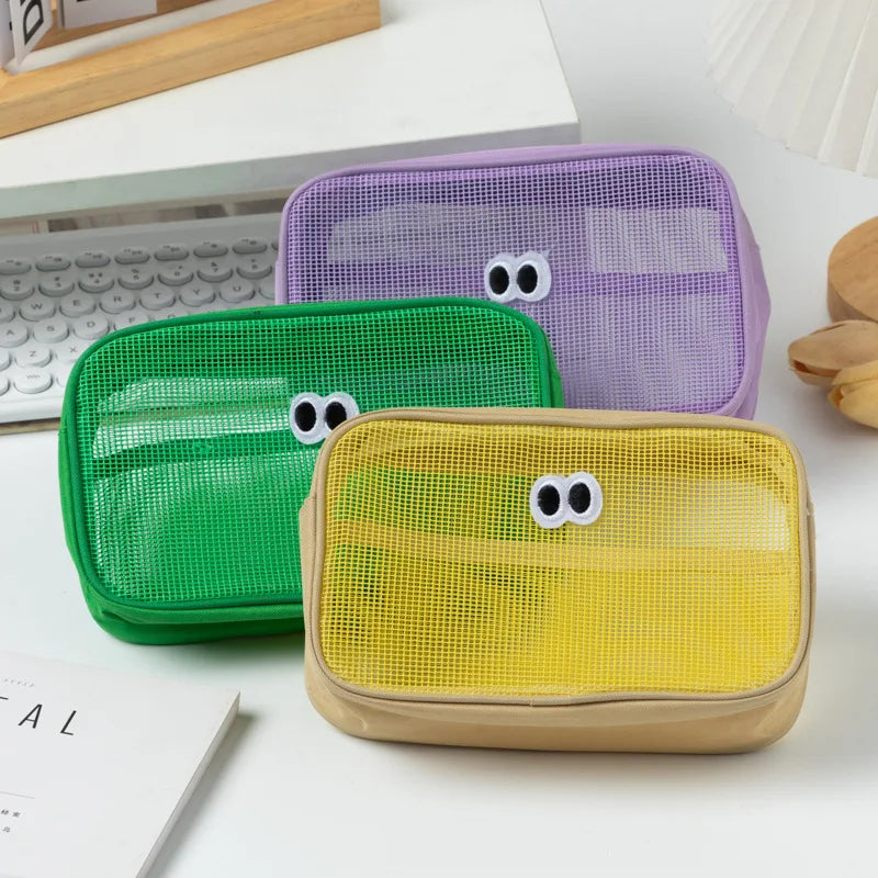 Custom Logo Cute Embroidery Big Eyes Travel Mesh Cosmetic Bag Cartoon Beauty Case Accessories Storage Pouch Bag