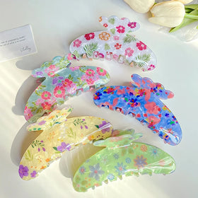 MIO 11cm Big Size Hair Claw Shark Clip Floral Printed Fresh Mixed Color Clamp for Hair Women Girls Long Fruits Acrylic Clips
