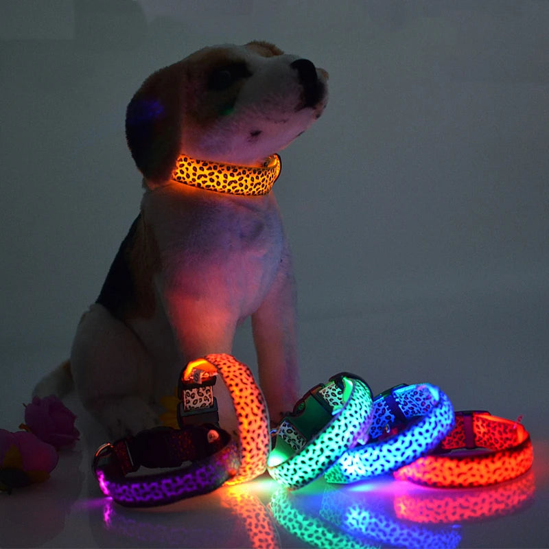 Adjustable Nylon LED Dog Cat Collar Luminous Leopard Glowing Lights Electronic Pet Night Safety Flashlight LED Technology