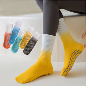 Custom Logo Tie Dyed Yoga Socks Women Mid Length Gradient Anti Slip Sports Pilates Crew Socks Womens
