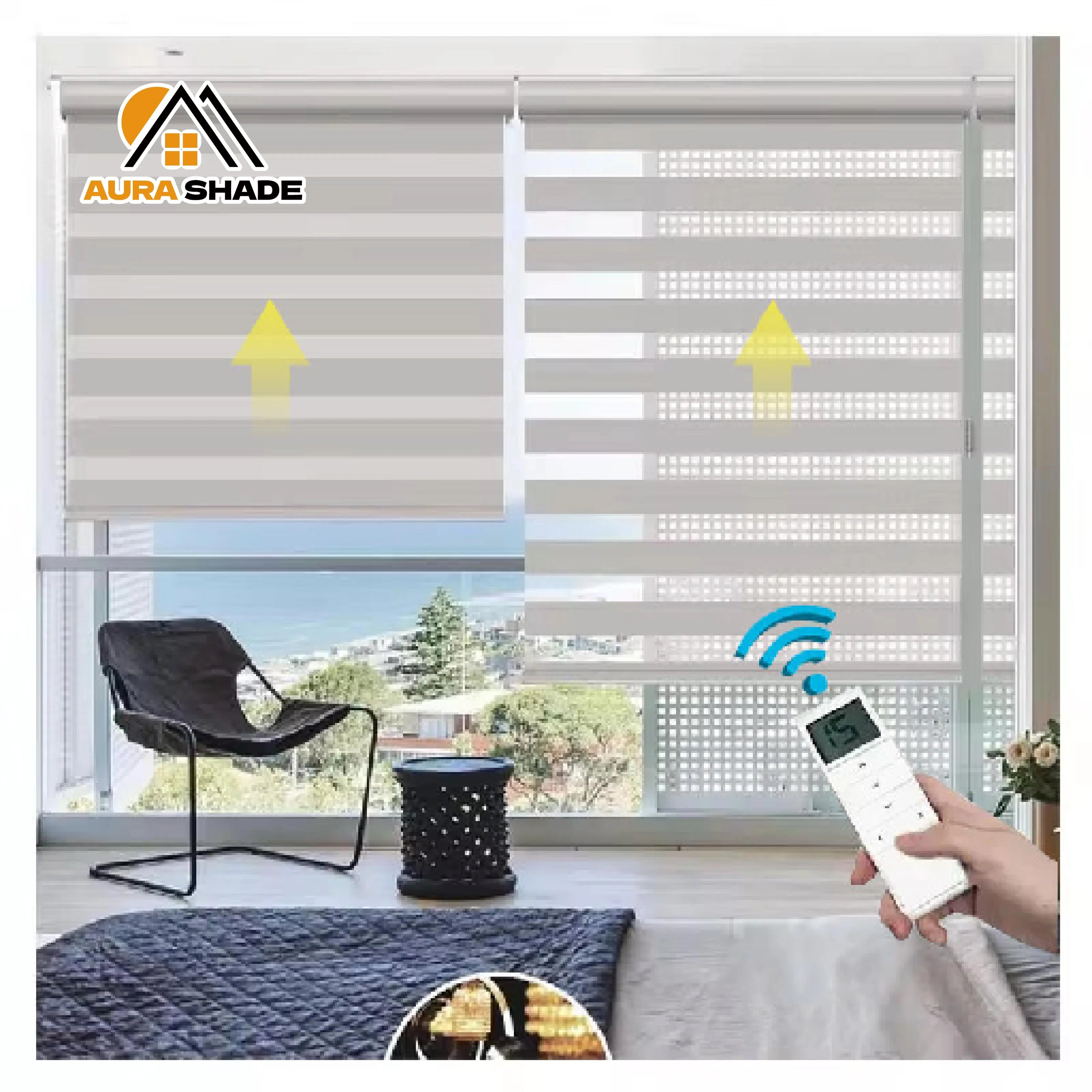 Exterior Double Layer Zebra Vertical Blinds Breathable Electric Motorized Plain Polyester Shades