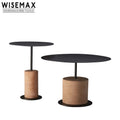 WISEMAX Minimalist Style Living Room Coffee Shop Furniture Round Black Metal Top and Stone Base Coffee Table Sofa End Table Set