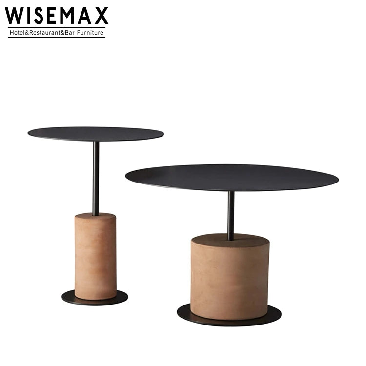 WISEMAX Minimalist Style Living Room Coffee Shop Furniture Round Black Metal Top and Stone Base Coffee Table Sofa End Table Set