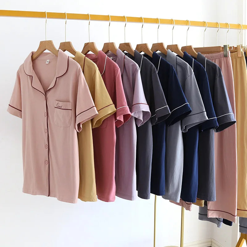 New Wholesale Womens Cartoon Lovely Sweet Girls Solid Color Comfortable Women's Short Sleeve Pajamas Suit for Ladies