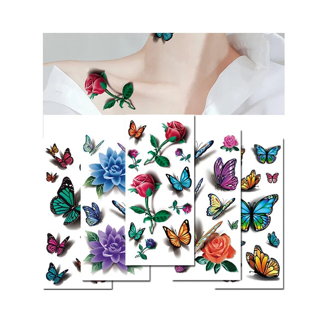 Runzio Waterproof Colorful 3D Butterfly Rose Water Stickers Roses Flower Temporary Tattoo Paste Easy Apply Remove CE EN71