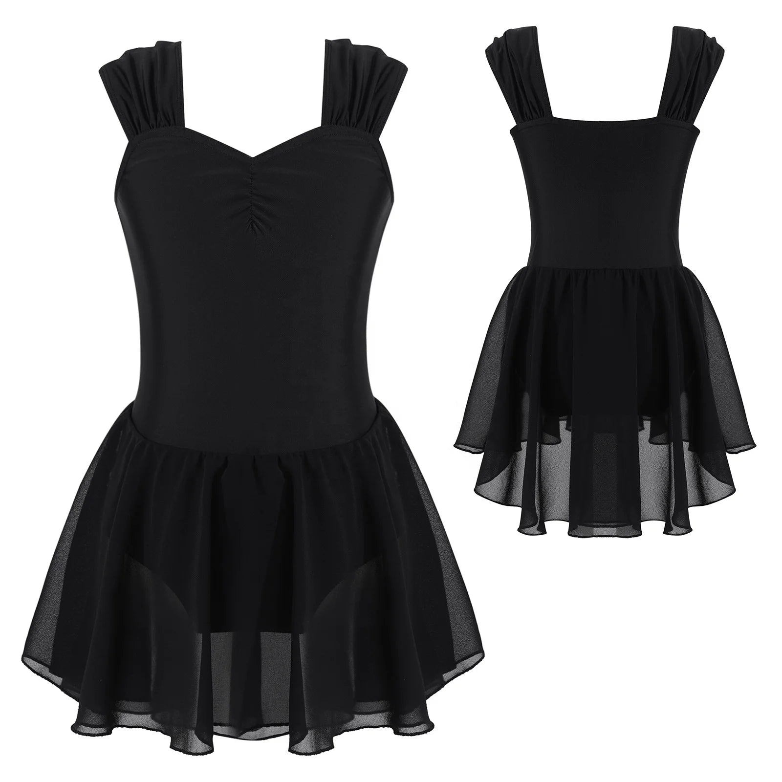 Performance Wear Kids Girls Clothing Sleeveless Ruched V Neckline Solid Color Dance Leotards Dress