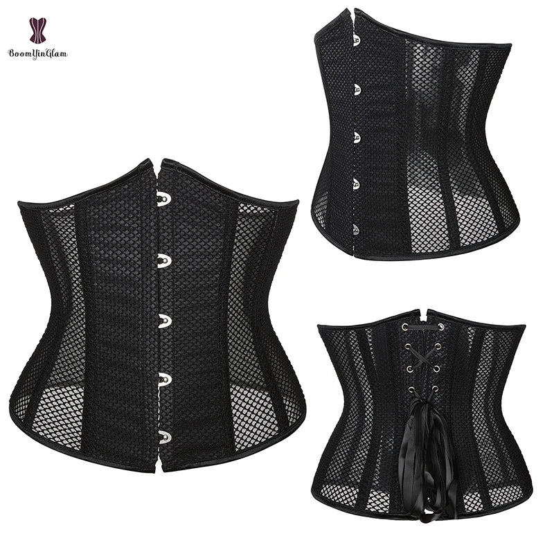 Solid Black Women's Waist Trainer Tank Top Plus Size XXXXXXL Breathable Underbust Corset Girdle with Hollow Out Decoration