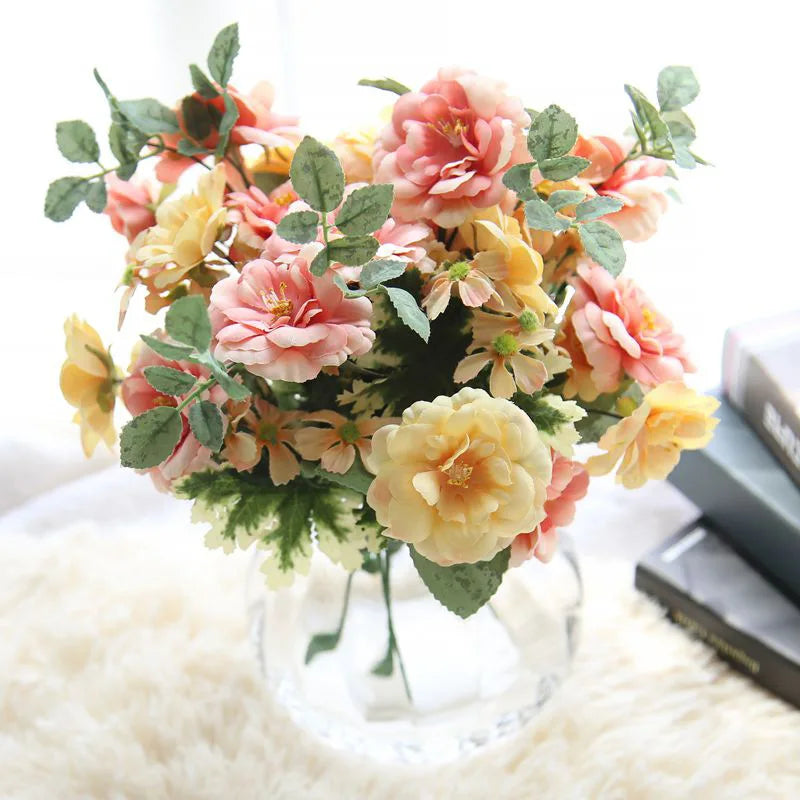 Tea Rose Handle Bouquet Artificial Flowers With Stems for Wedding Home Party Shop Decor