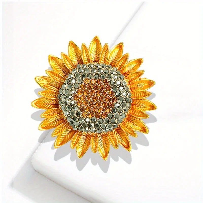 Women Trendy Baroque Sunflower Yellow Color Brooches Pins Vintage Enamel Pearl Badges Accessories Retro Metal Corsage
