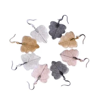 Lady's Fashionable Real Leaf Shape Gold Plated Earring Charms Pendant Electroplated Gold Classic Style Drop Hook Earrings