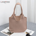 Landfond New Solid Color Knitted Shoulder Bowknot Shopping Bag Woven Tote Bag