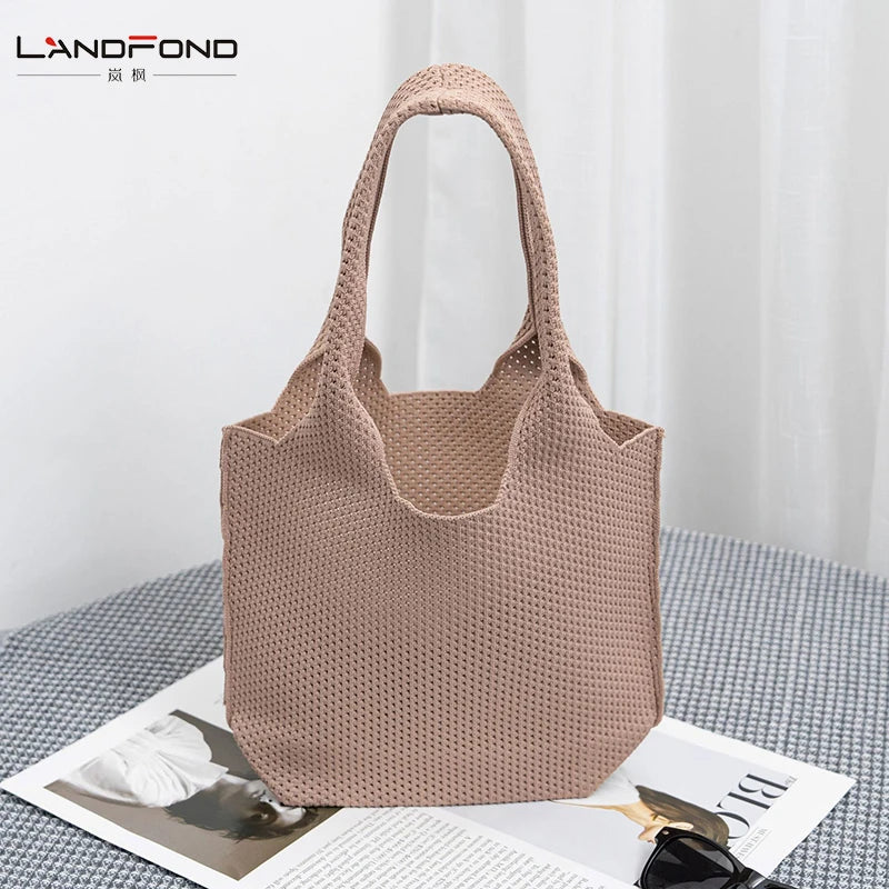 Landfond New Solid Color Knitted Shoulder Bowknot Shopping Bag Woven Tote Bag