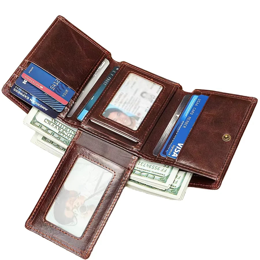 Men's Premium Vintage Retro Cow Leather RFID Blocking Wallets Anti-Theft Money Purse Genuine Cowhide Burgundy Trifold Wallet