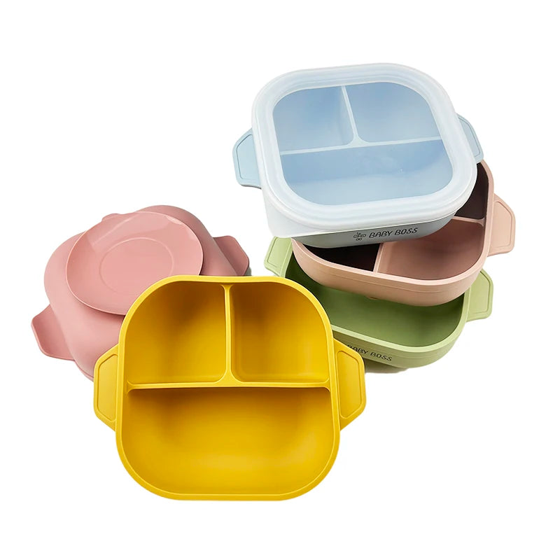 Factory Customization BPA Free Baby Divided Square Silicone Bowl Spoon Fork Set Soft  Suction Bowl Spoon for Feeding Food