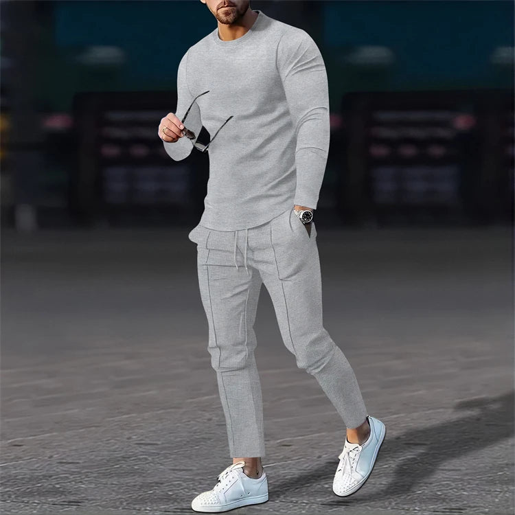 Waffle Shirts Pants Two Piece Men's Outfits Fashion Solid Color Long Sleeve Tshirt Casual Spring Fall Sets