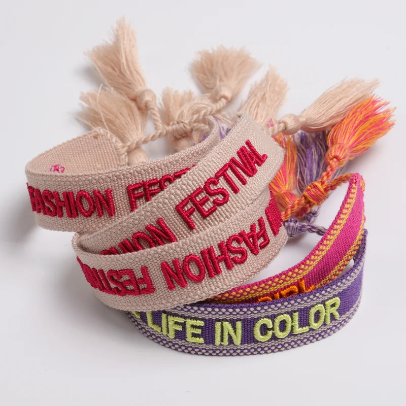 New Custom Handmade Woven Letters Embroidery Tassel Bracelet Fashion Adjustable Friendship Bracelets Wristband for Women Girls